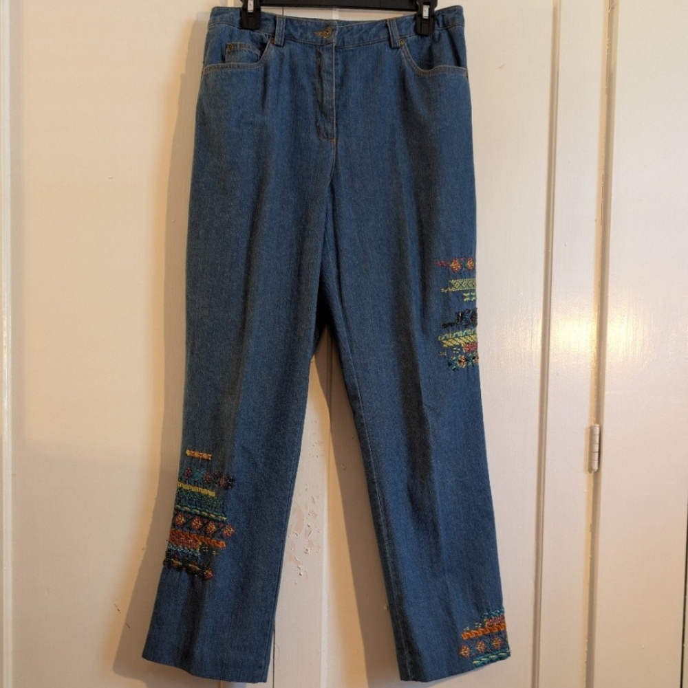 Susan Bristol Embroidered Jeans, 10, Medium Blue with Multi Colored Embroidery